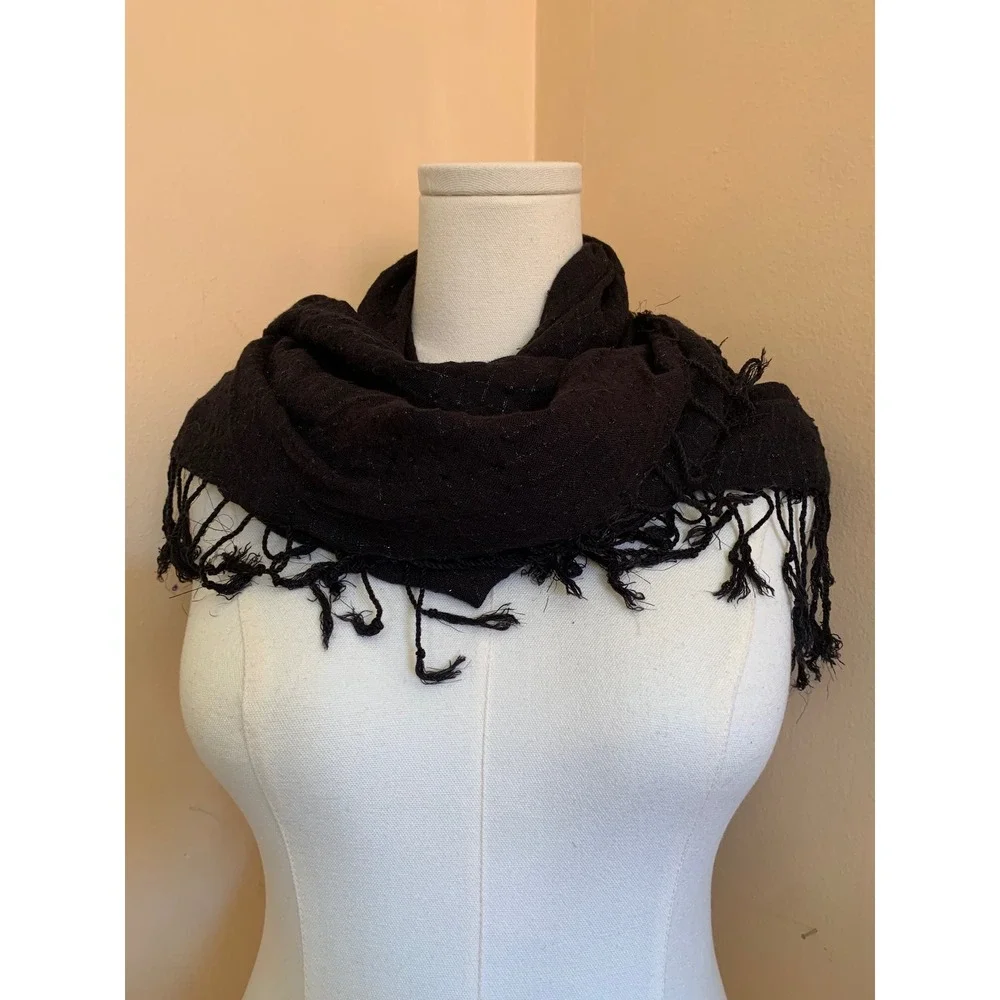 Black Metallic Thread Fringed Triangle Scarf Wrap Woven Sparkle Boho
